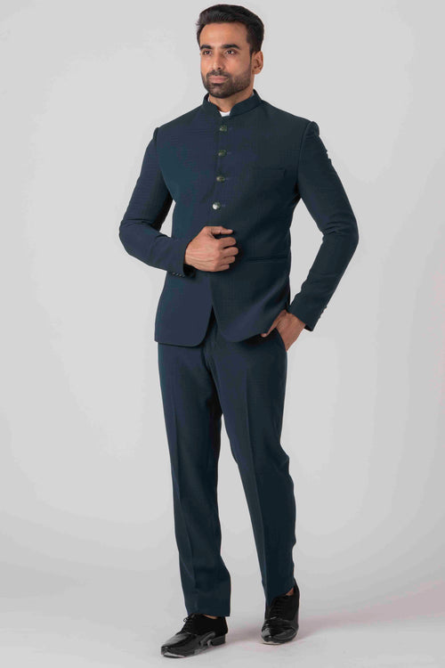 Solid Color Terry Rayon Asymmetric Jodhpuri Suit in Dark Blue : MHG2139